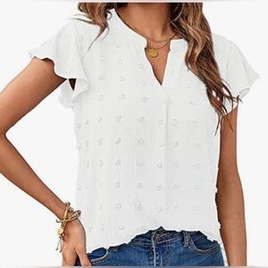 RPAEOY Women's Blouse Short Butterfly Sleeve pompom Tops V-Neck Pleated med EUC